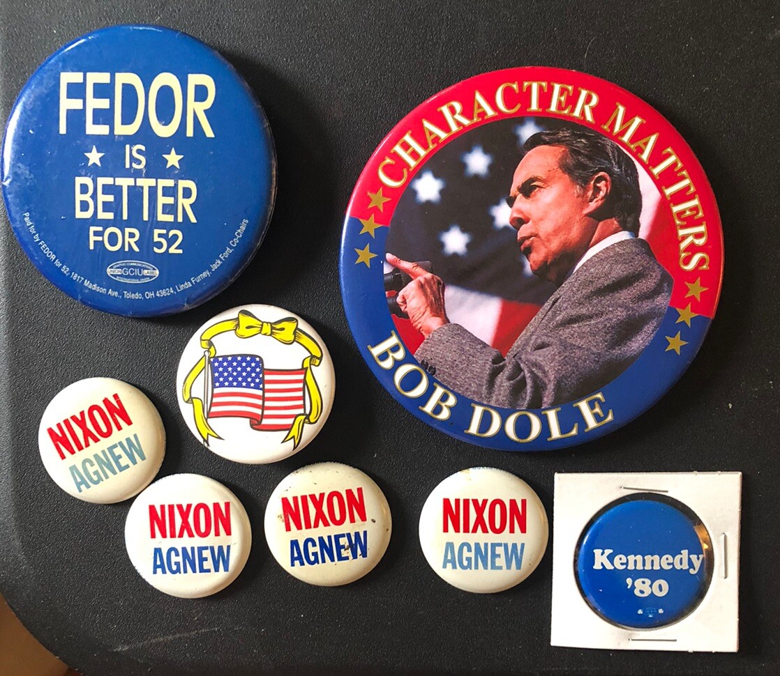 Lot of (8) Political Metal Pins Buttons Nixon/Agnew, Ted Kennedy, More