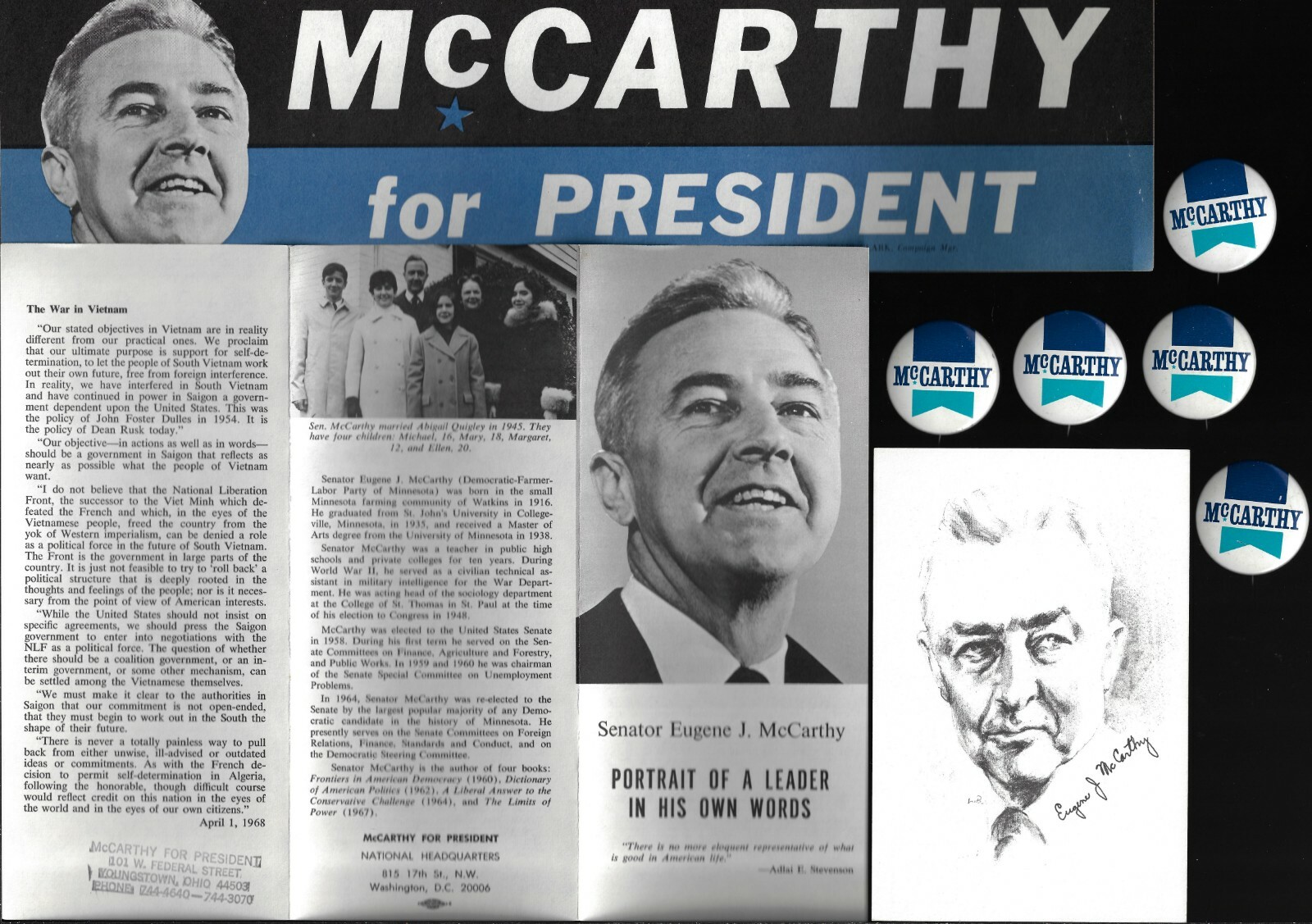 Eugene McCarthy 1968 Pres Campaign Items Fliers Pamphlet Postcard Sticker 5 Pins