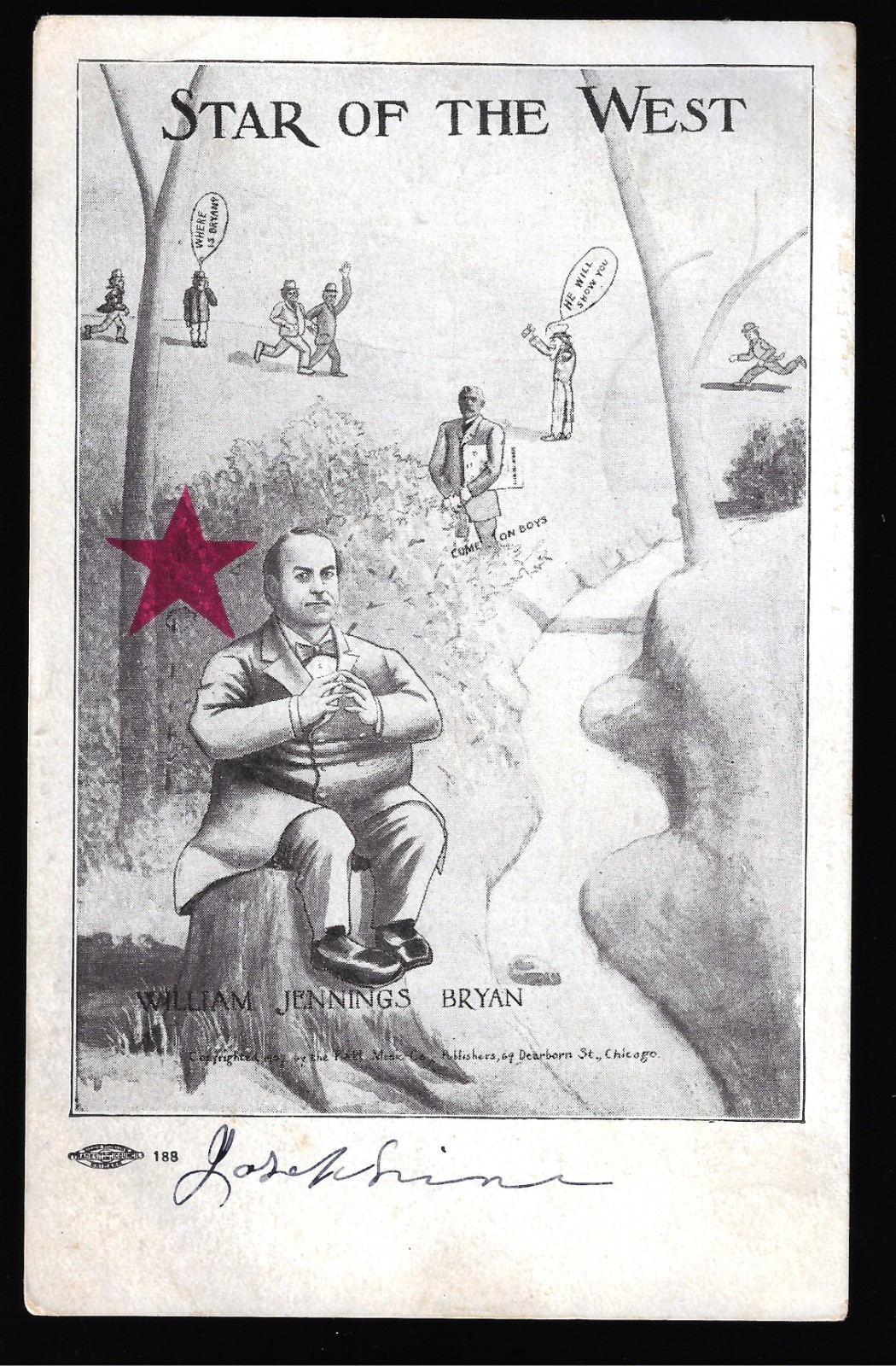 1908 Wm J Bryan Star of West Set #8 Prez Campaign Postcard Piatt Music ‘Toon PMd