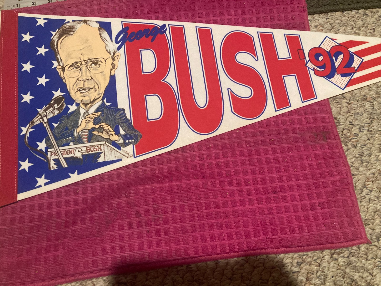 VTG 1992 George Bush Presidential Campaign Cartoon Pennant Caricature -SHIP FAST