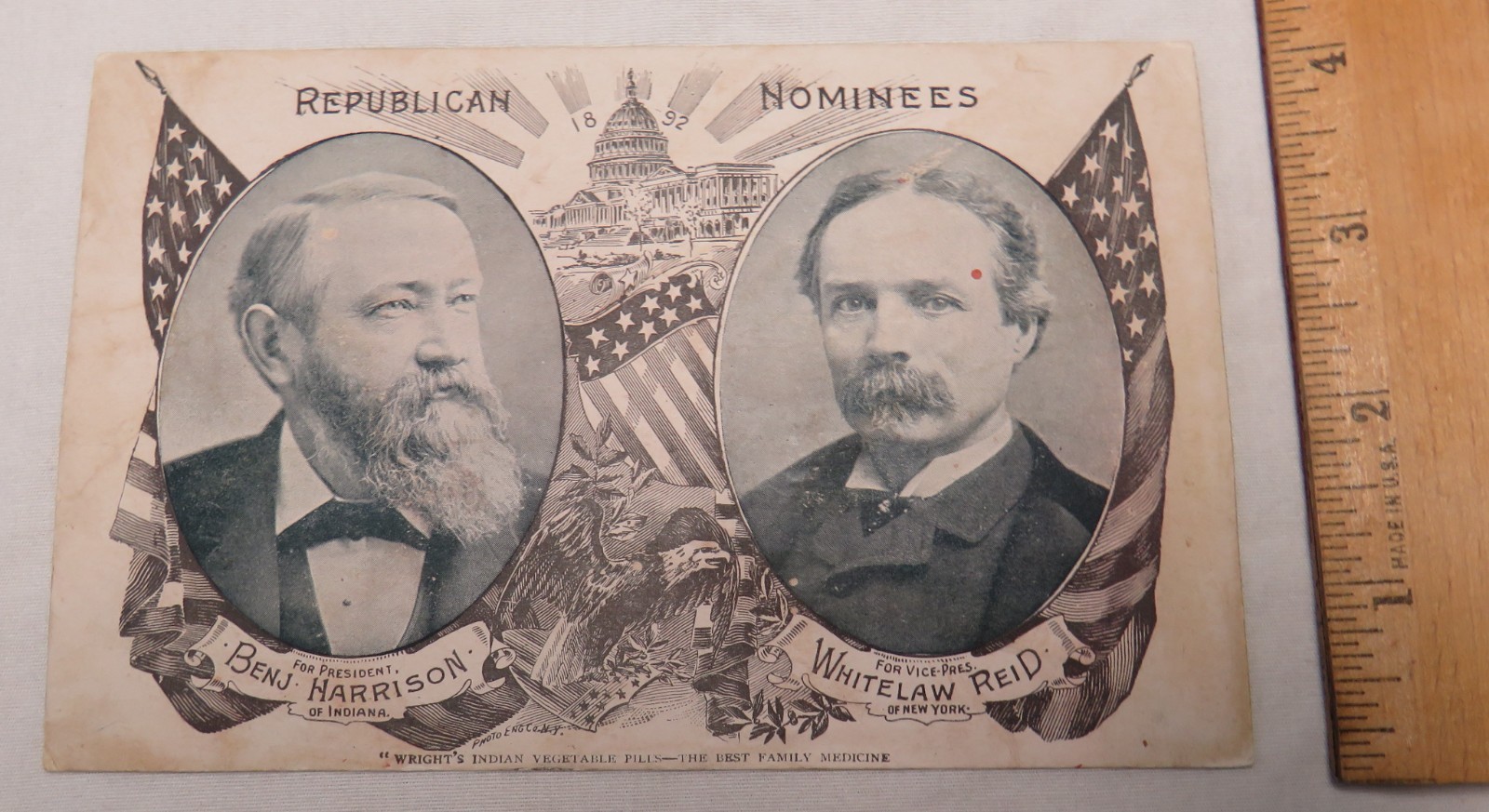 1892 Republican Nominees Benjamin Harrison Wrights Indian Pills Trade Card