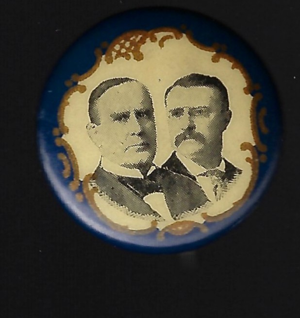 1900 William McKinley Teddy Roosevelt Presidential Campaign Pin Gold Filigree