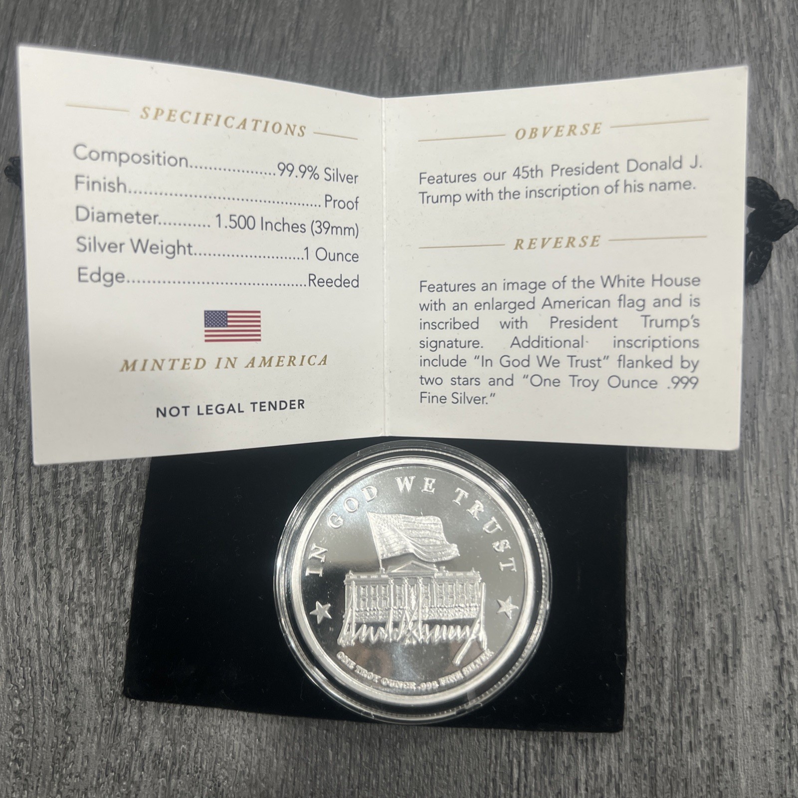 Donald Trump 45th First Edition 99.9% One Ounce Silver Proof 1oz. Coin Medallion