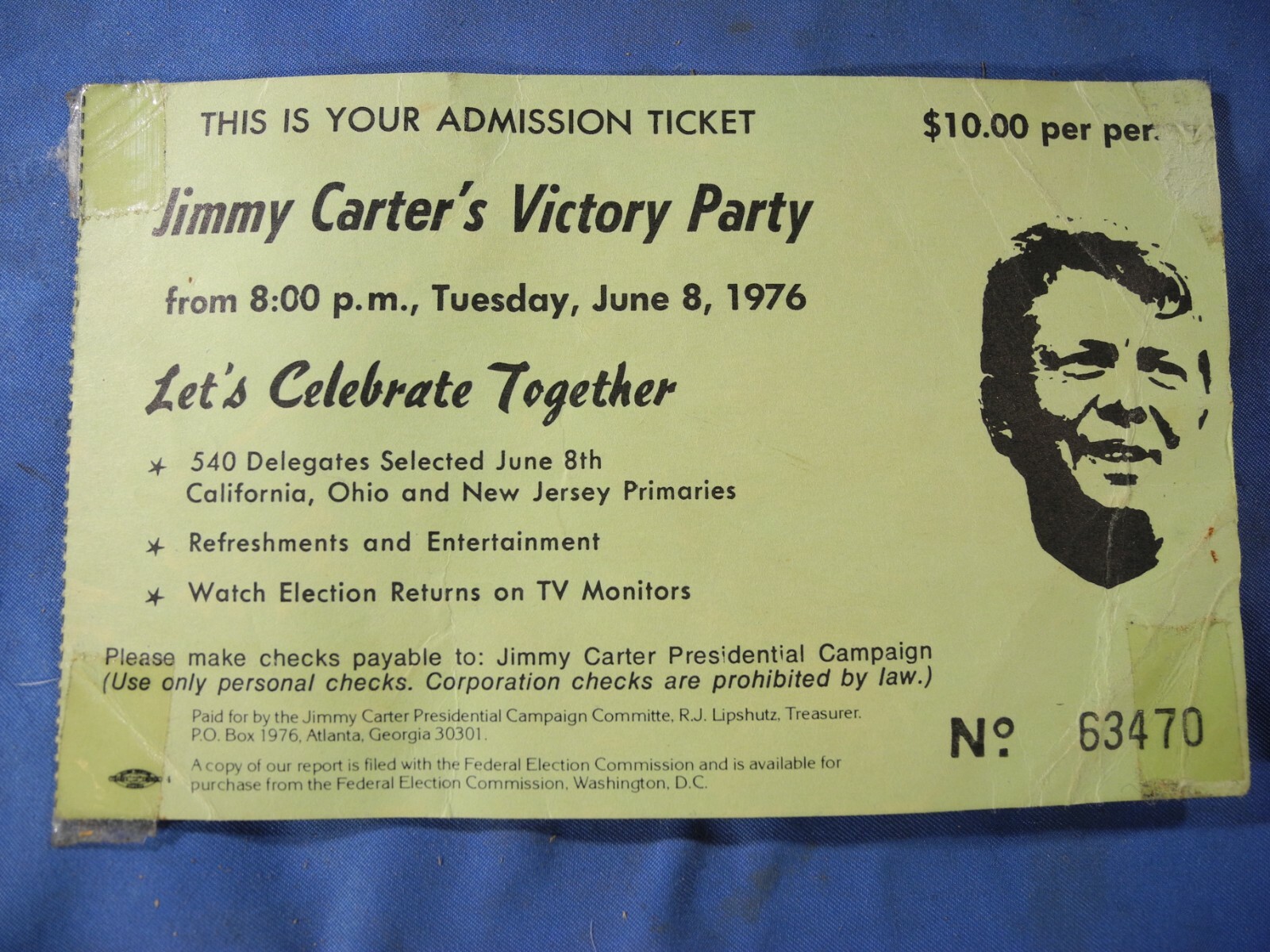 Jimmy Carter’s 1976 Victory Party Admission Ticket (RARE!)