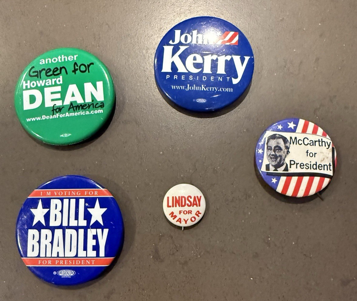 Political VTG Campaign Button- Pins- (5)-Kerry,Dean,Bradley,Linsay,McCarthy