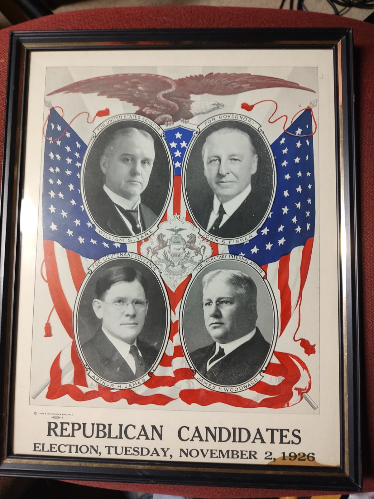 1926 ORIGINAL Vintage PA Political GOP Republican candidates Poster Vare Fisher