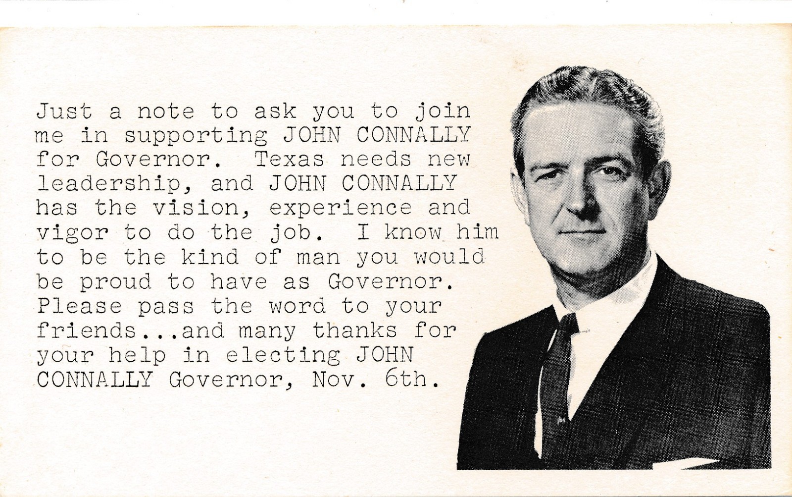 1962 John Connally for governor Texas TX postcard size card – back is plain