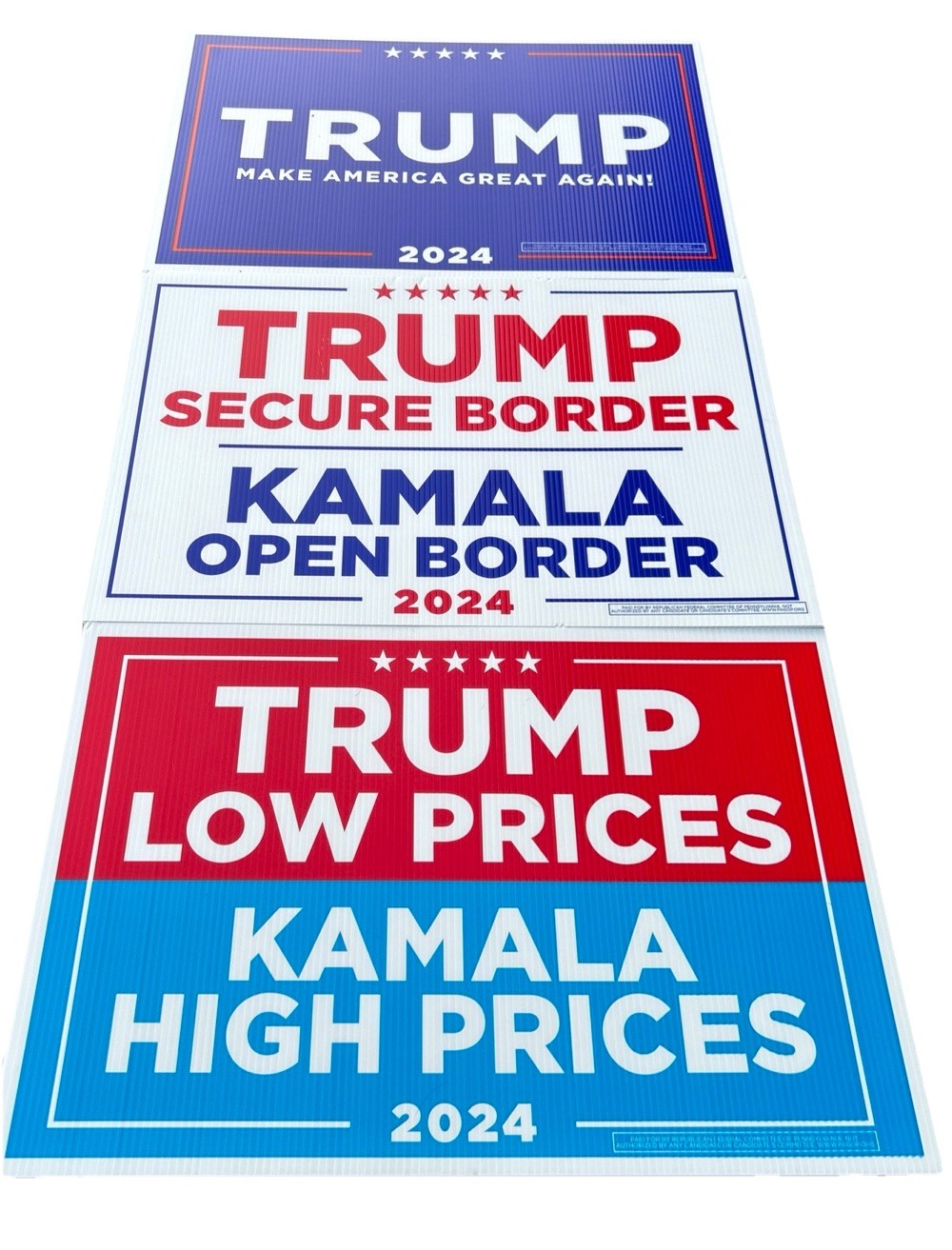 3 Donald Trump Kamala Harris 2024 Double side yard signs Authentic LOT 24″ x 16″