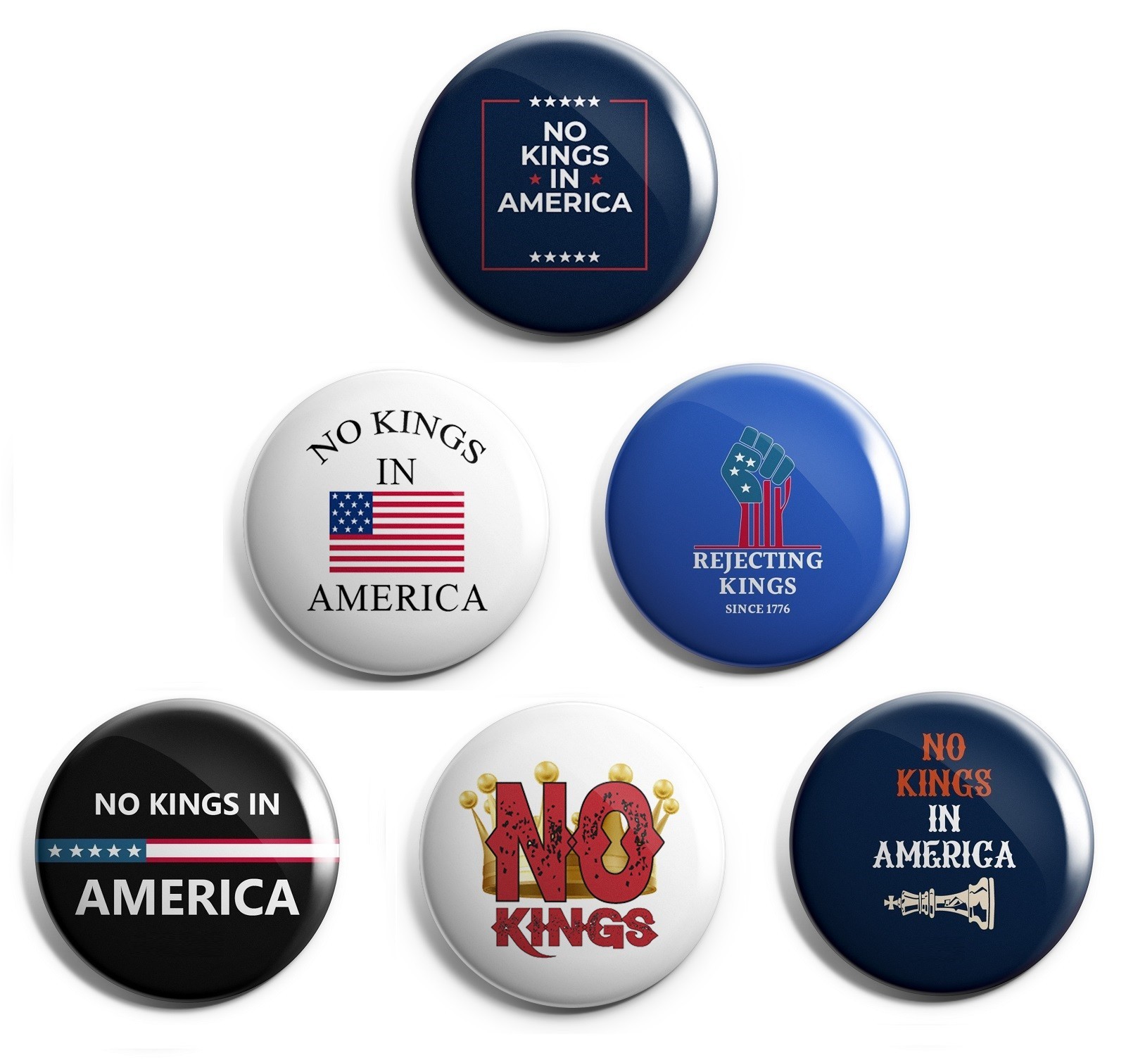 No Kings Variety Pack 2-1/4″ buttons Best Seller 30-Pack (NOKINGS-ORIG)