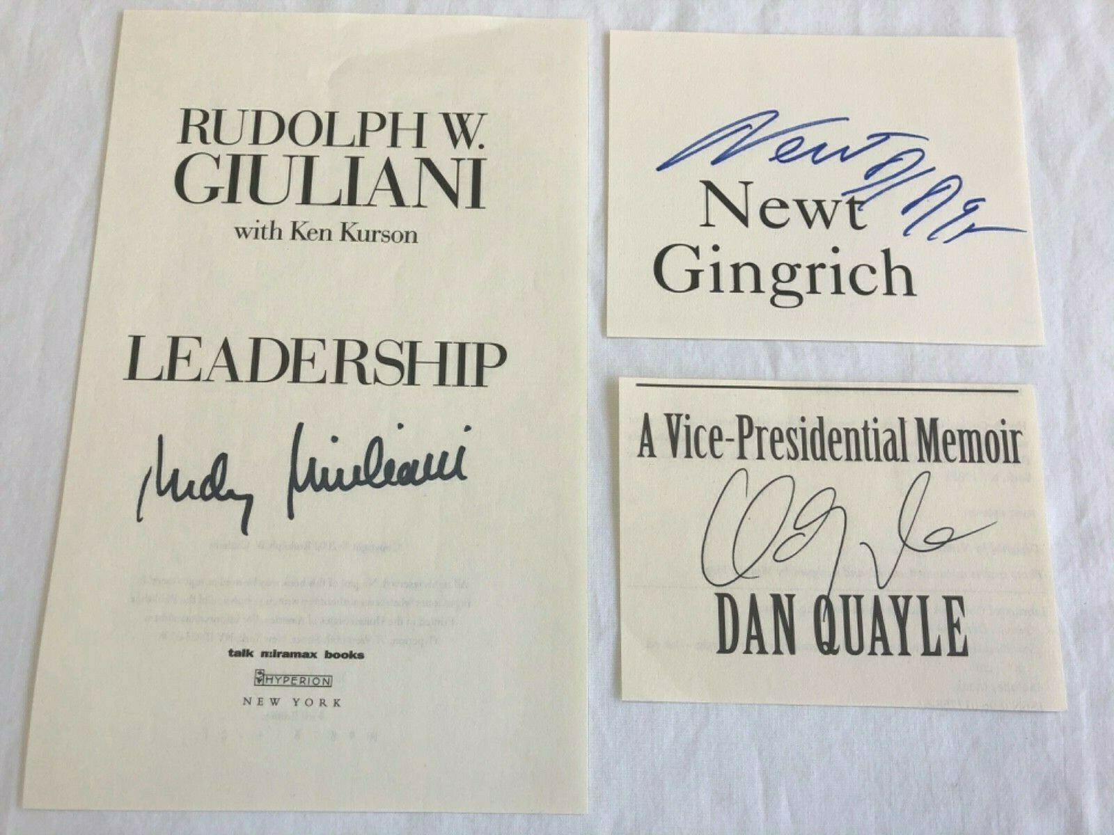 POLITICAL AUTOGRAPHS FROM BOOKS RUDOLPH W. GIULIANI DAN QUAYLE NEWT GINGRICH