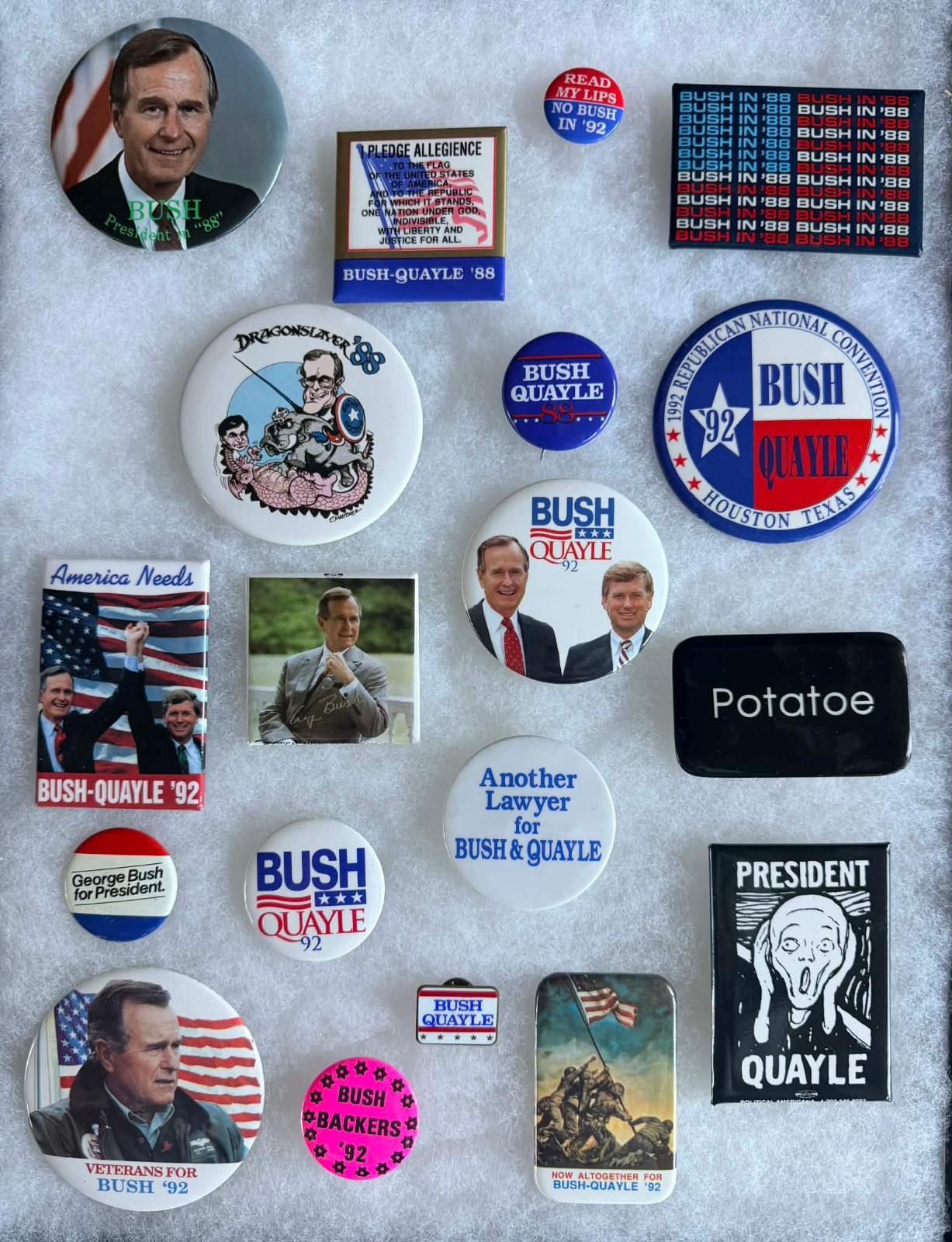 George H.W. Bush Quayle Lot of 19 Pins 1988 &1992 – POTATOE Satirical, RNC