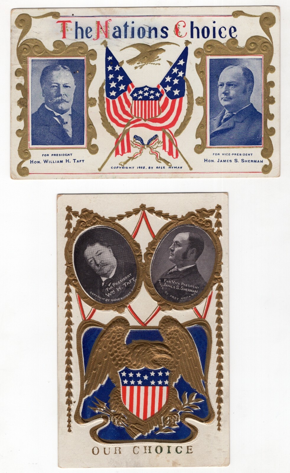William Taft & James Presidential Campaign Postcards (2) Embossed Gilt c.1908