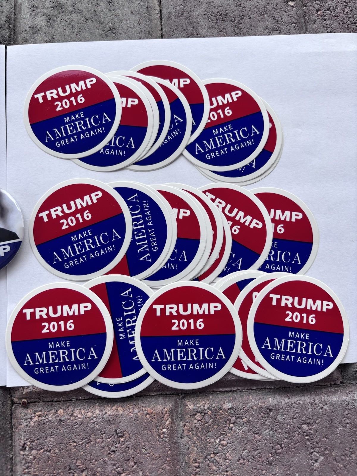 Official 2016 Donald Trump Campaign Lot – 10 Pinback Buttons & 29 MAGA Stickers