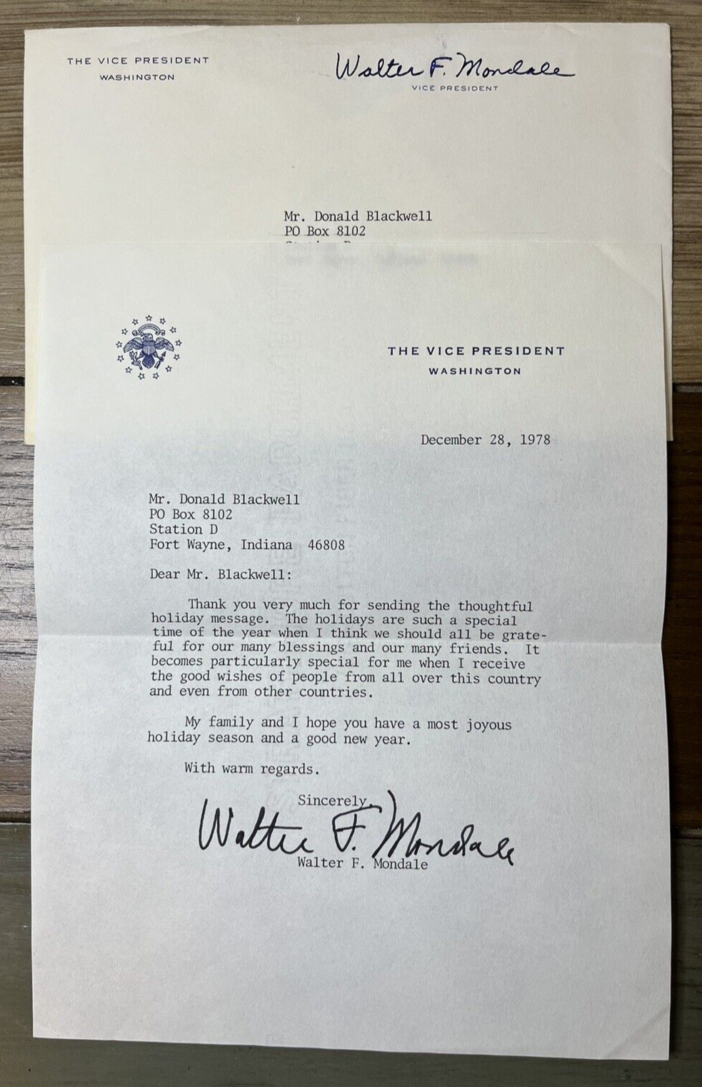 1978 VP Walter Mondale Facsimile Signed Thank You Letter Free Frank Envelope