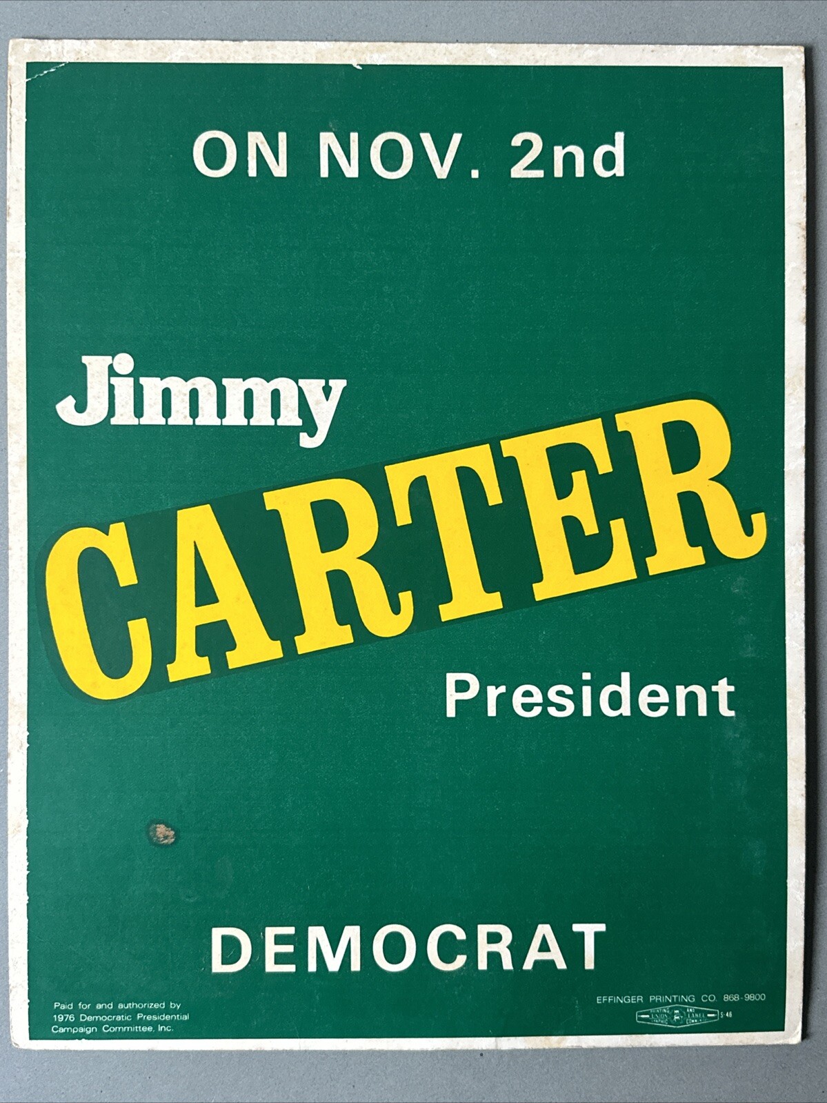 Vintage Jimmy Carter for President 1976 Cardboard Poster Nov 2nd 11×14 Rare