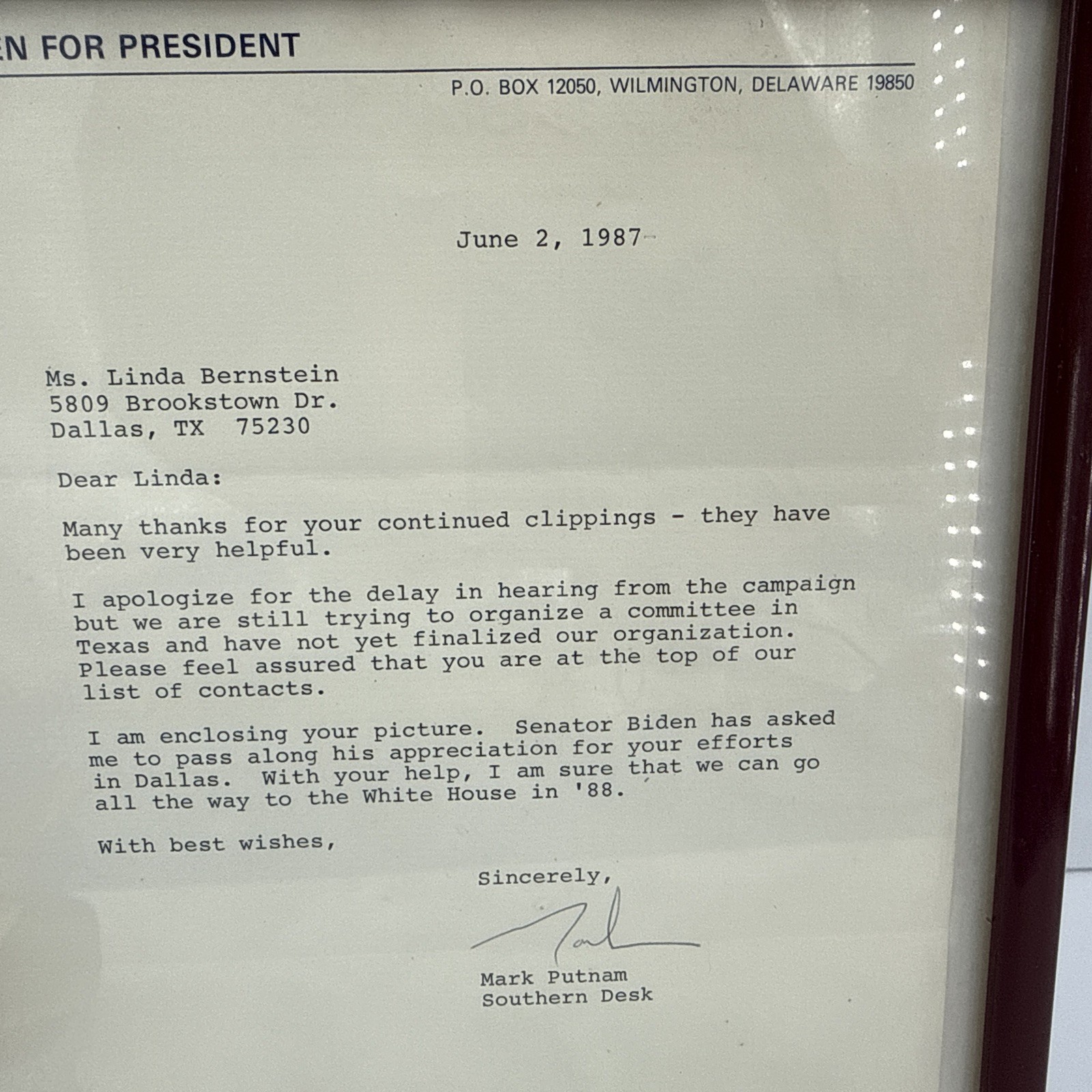 1987 Biden For President Campaign Letter Original Dallas TX Political