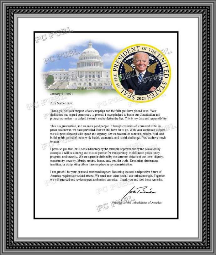 Biden Personalized Thank You Letter Presidential Seal Inauguration Speech