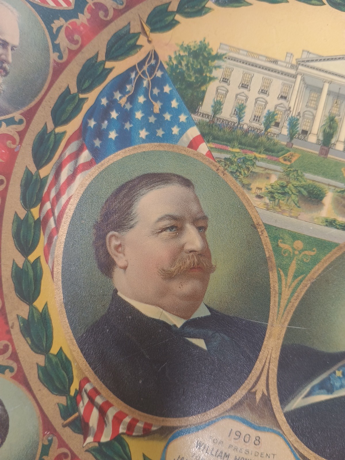 antique political 1908 tin plate Republican Wm Taft and James Sherman original