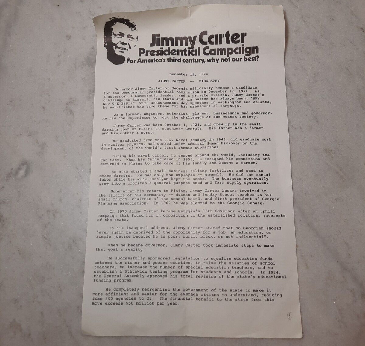 President Jimmy Carter 1976 Election Campaign Early Biography Letter Dec. 1974