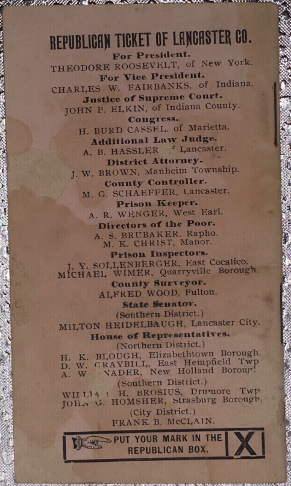 Lincoln to Roosevelt 1904 campaign pamphlet: printed for Lancaster County, PA