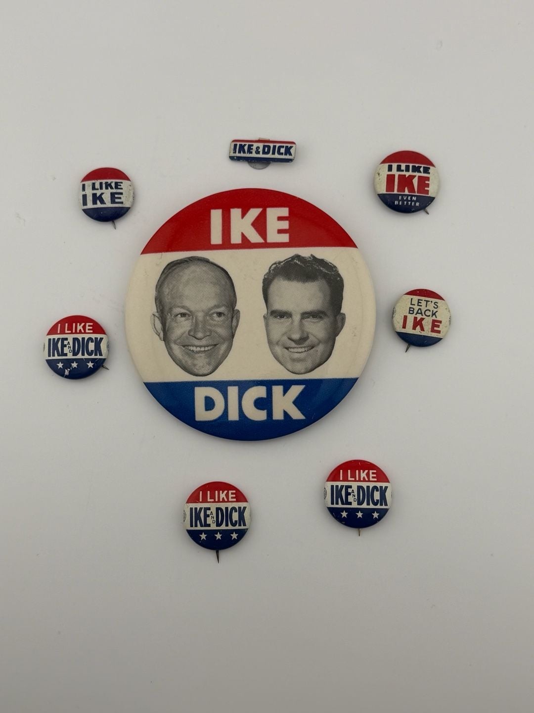Eisenhower Nixon Ike Dick 1952 1956 Button Lot (8) Jugate Tab Litho Vintage Pins