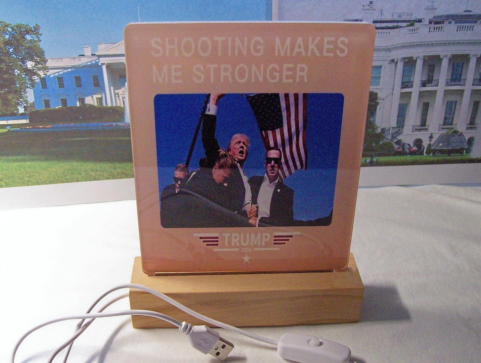 Trump – Shooting Makes Me Stronger – Plaque mounted on Wooden Base with Light