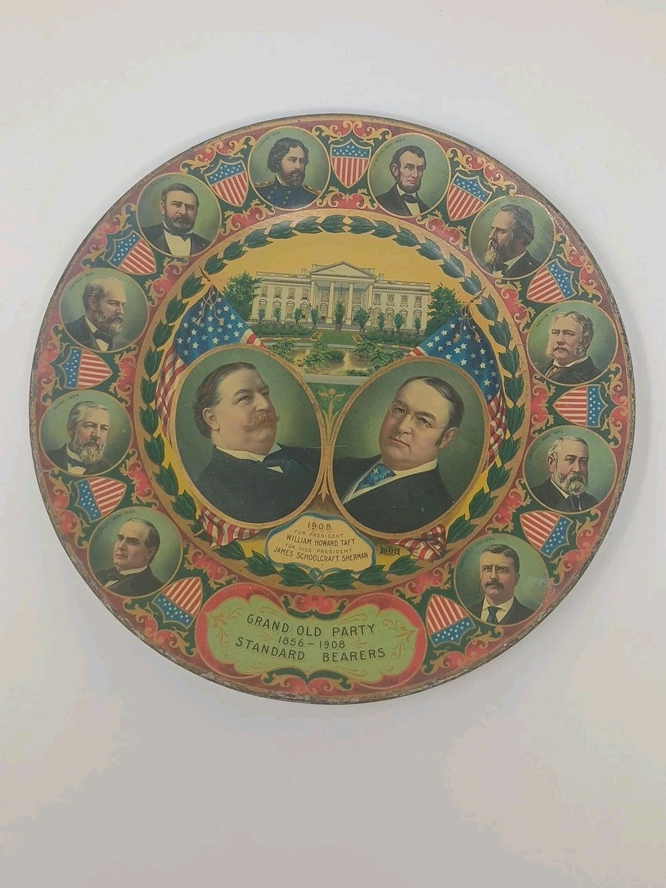 antique political 1908 tin plate Republican Wm Taft and James Sherman original