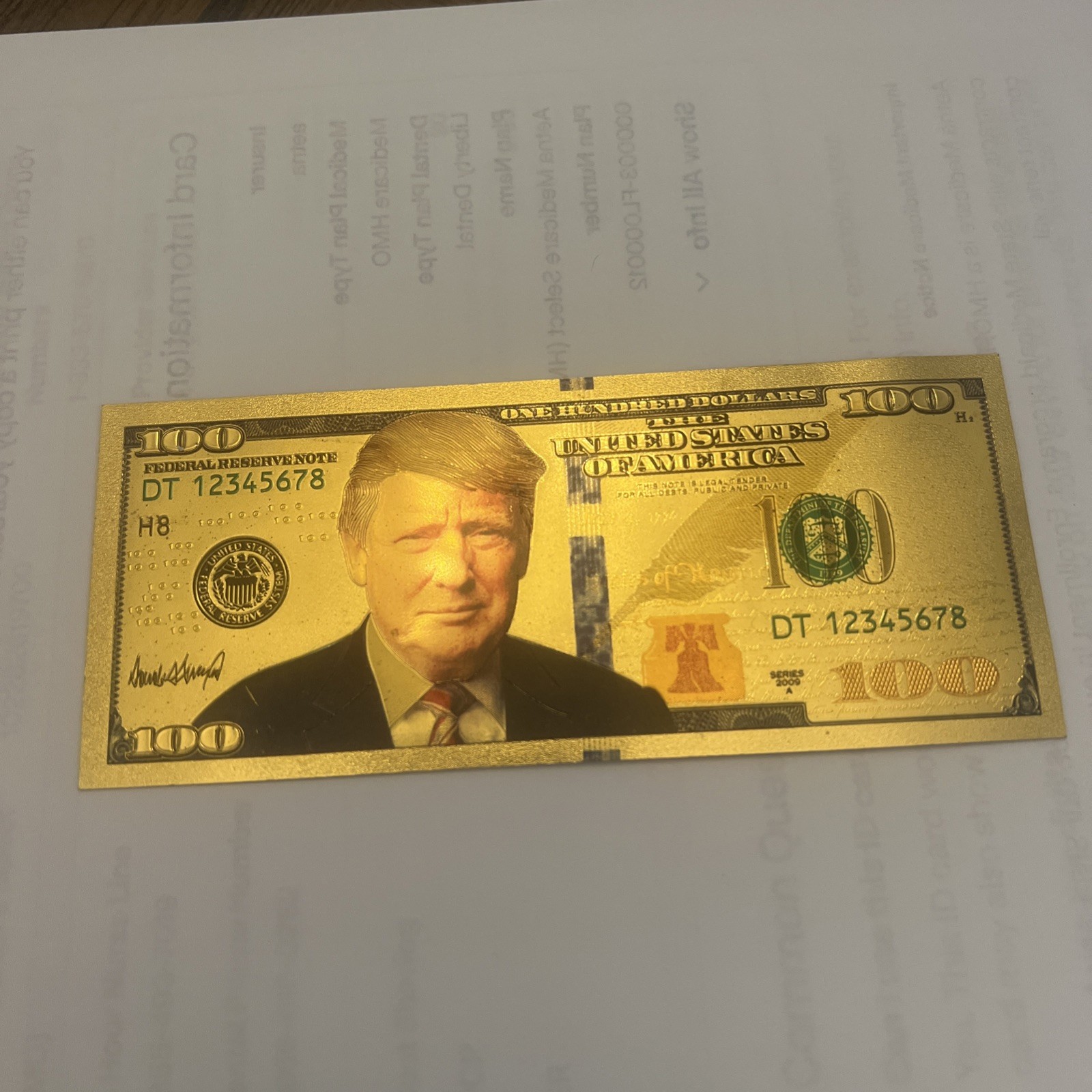 Donald Trump Authentic 24kt Gold Plated Commemorative $100 Bank Note