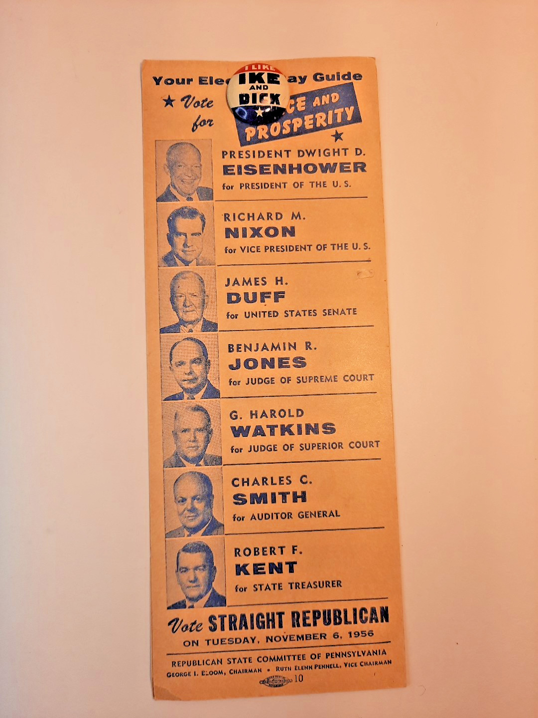 I LIKE IKE & DICK Campaign Button + Pair of 1956 Republican Penna. Poll Cards