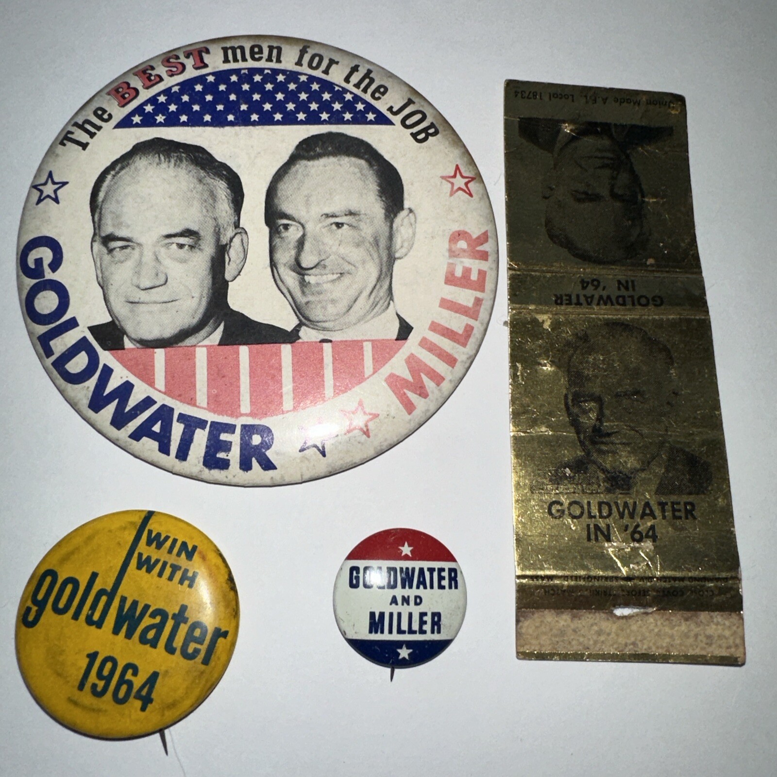 Goldwater for President collectors lot, 3 Buttons, Matchcase
