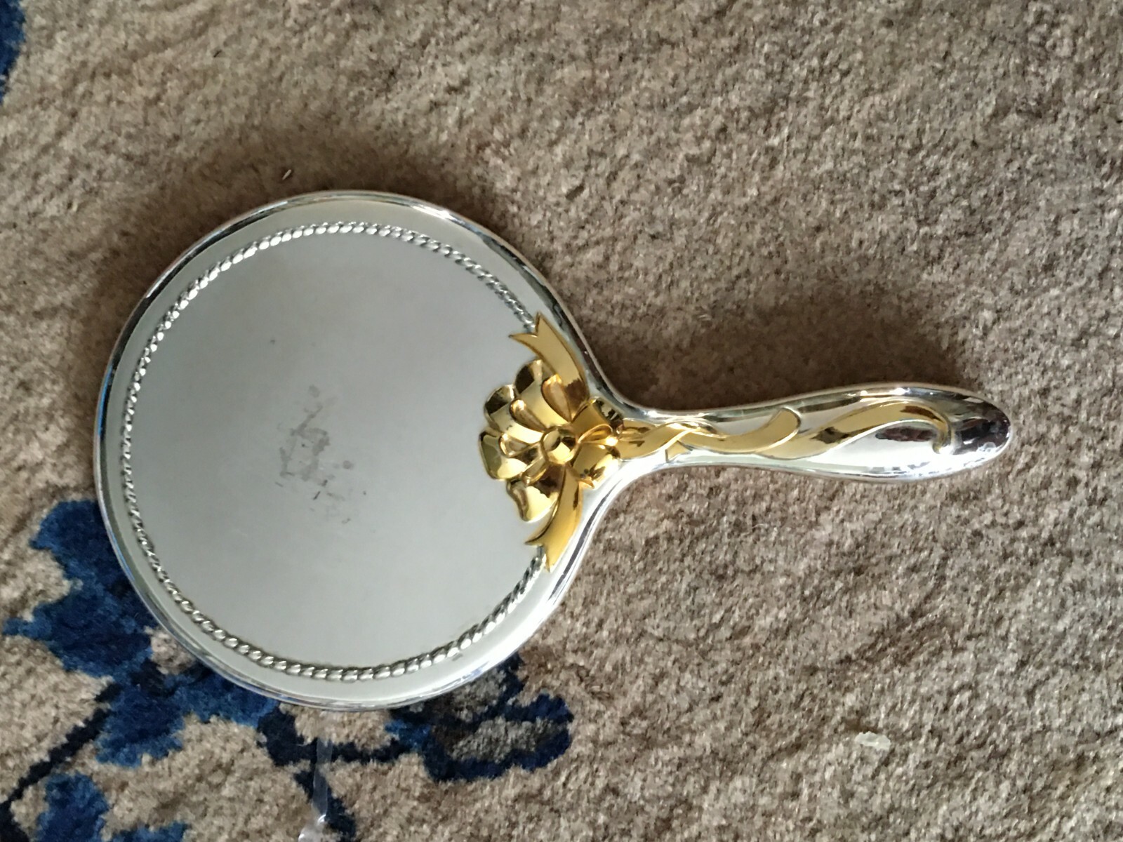 Heavy Vintage Silver Plated Ornate Vanity Hand Mirror w/Gold tone flowers 9.5″ L