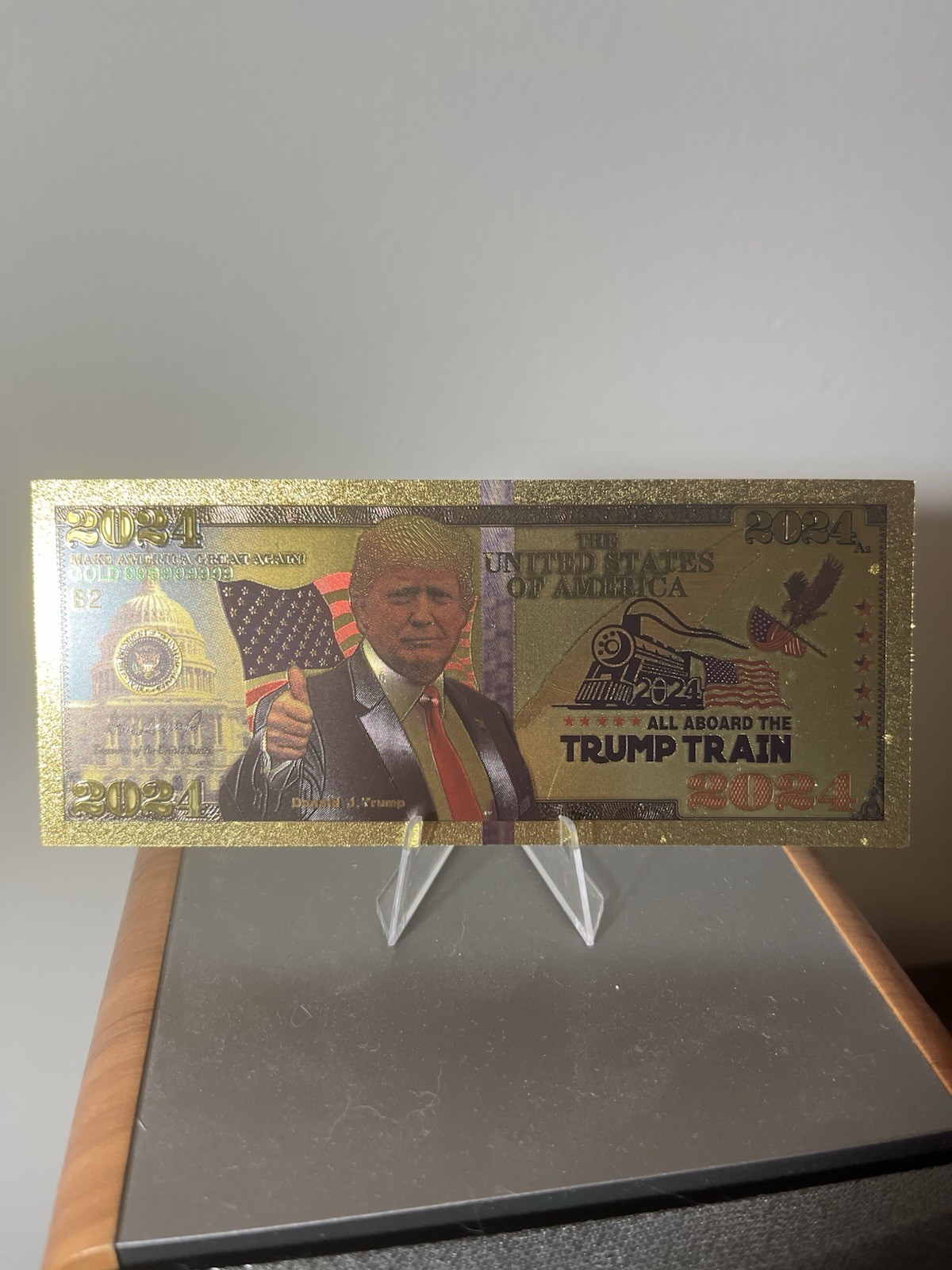 All Aboard the Trump Train MAGA 2024 Gold Foil Embossed Commemorative Bill