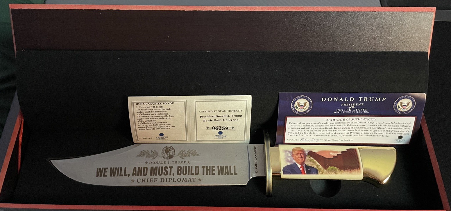 President Donald Trump “We Must Build The Wall” 12.7 inch Bowie Knife New in box