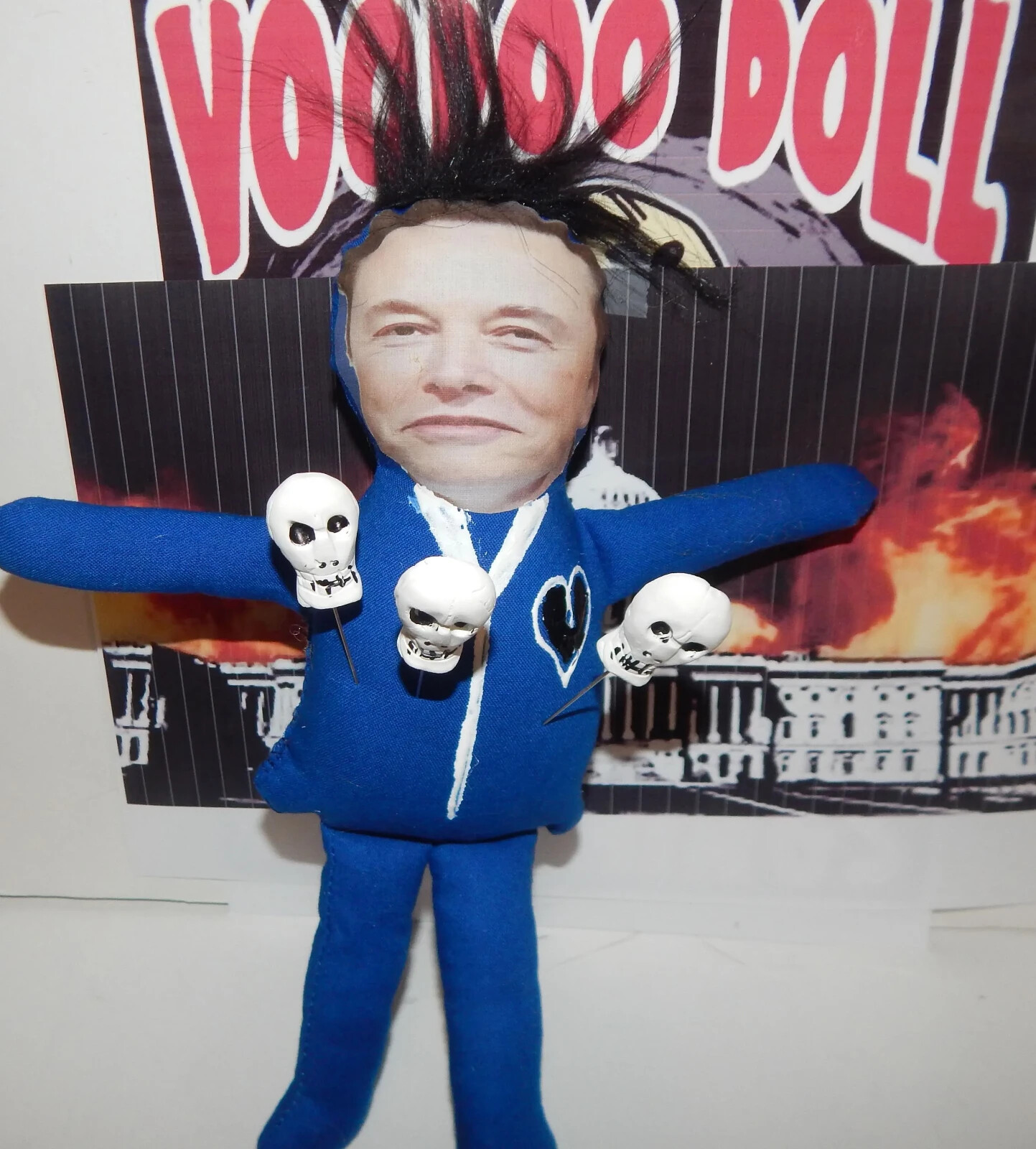 Elon Musk, Authentic Handmade Voodoo Doll with 3 hand sculpted Skull Pins