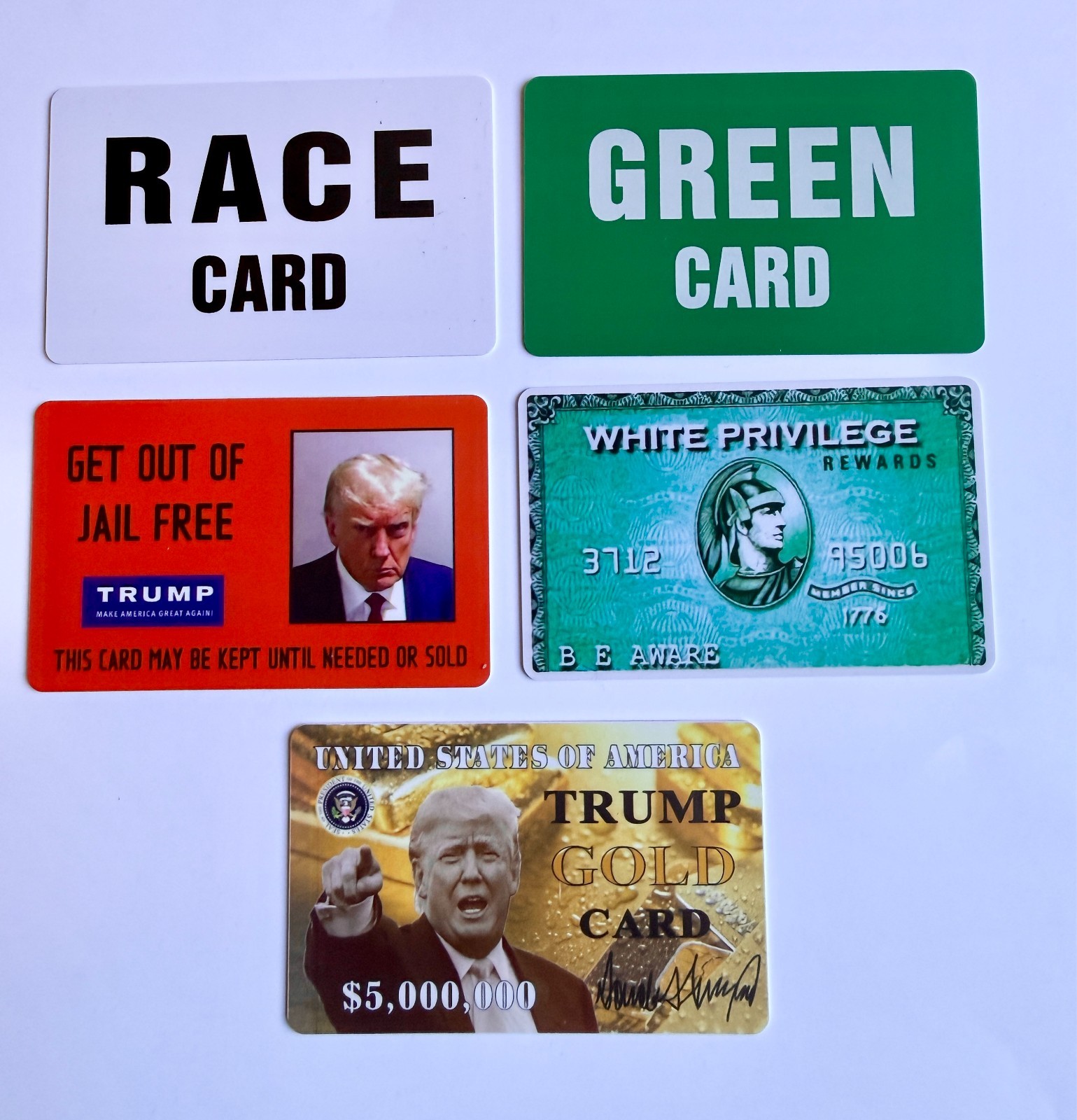 NEW 5 Card Lot Trump Gold Green Race Jail White Plastic ICE MAGA Funny Gift