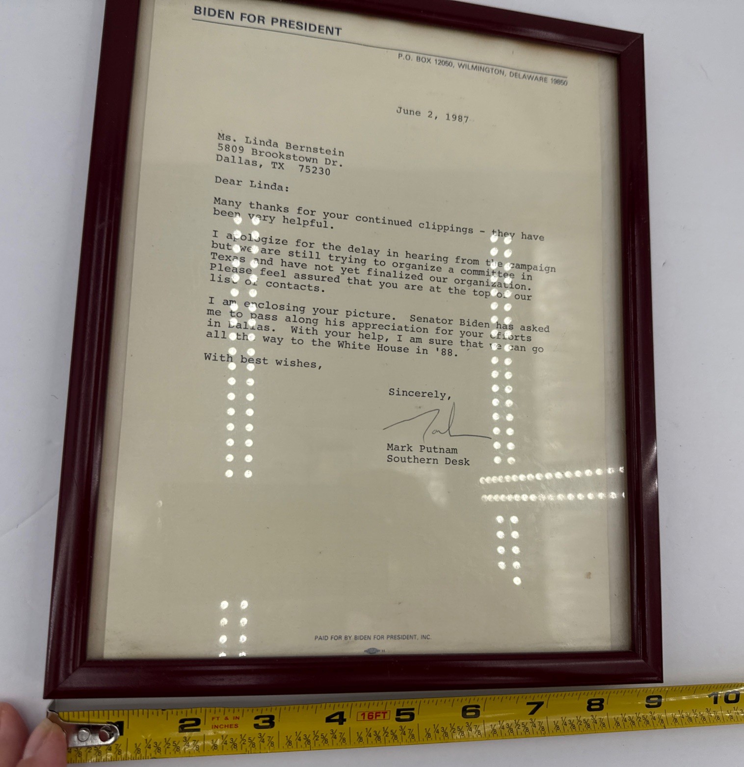 1987 Biden For President Campaign Letter Original Dallas TX Political