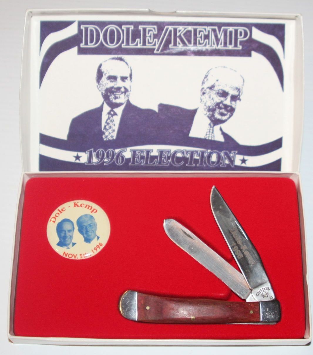 1996 Bob Dole Kemp President Candidate Cherokee Button & Pocket Knife Set MIB