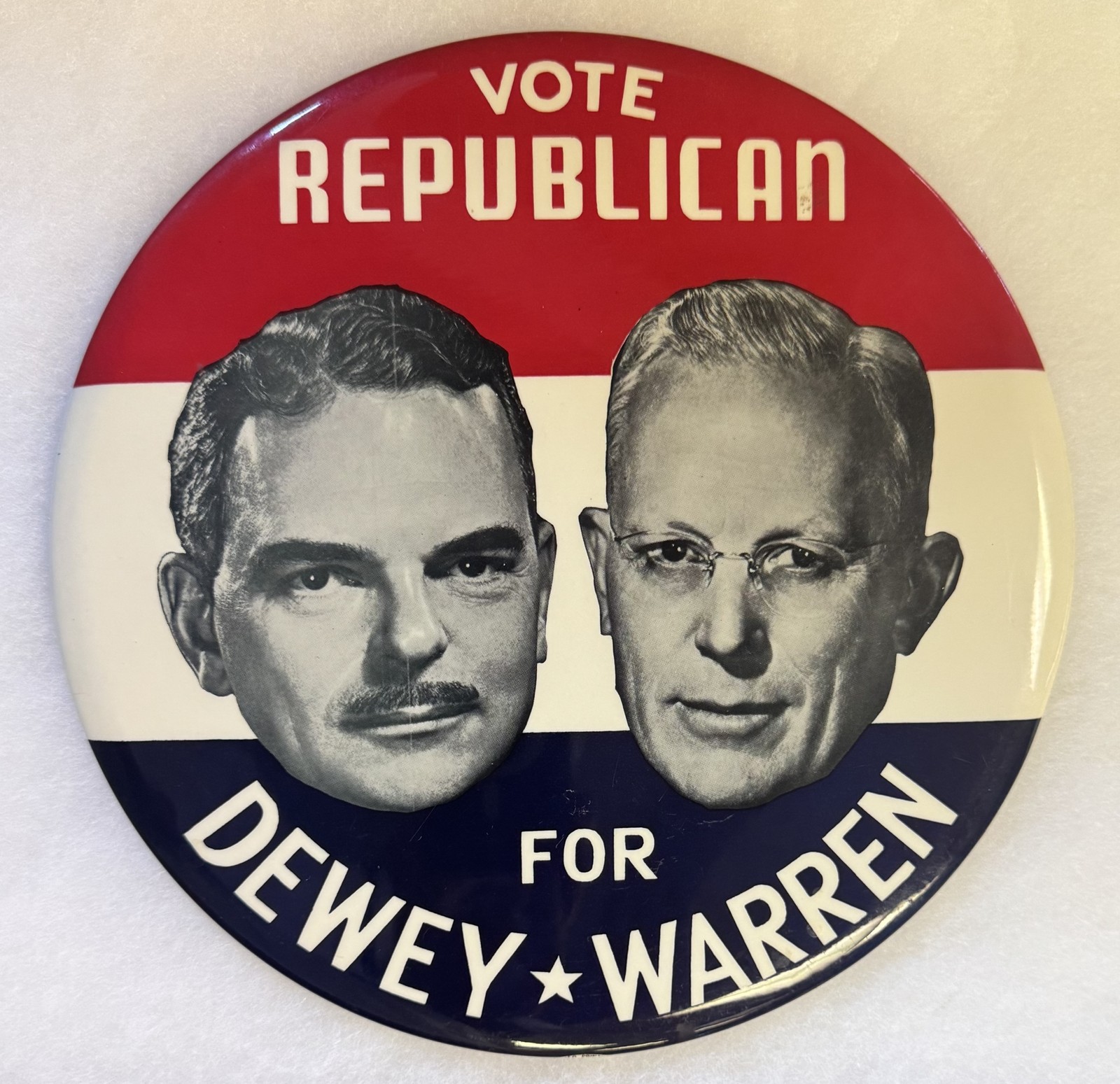 1948 DEWEY-WARREN 9″ DINNER PLATE SIZE JUGATE CAMPAIGN BUTTON-BRIGHT & GRAPHIC!
