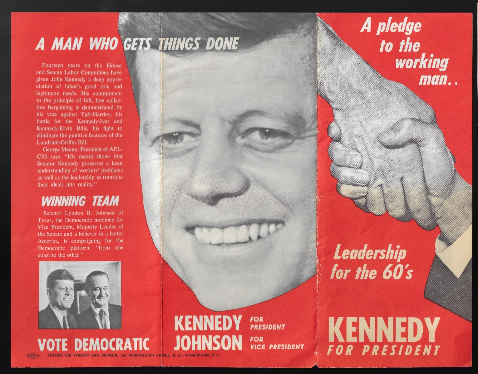 3-fold John Kennedy A Pledge to the Working Man Presidential Campaign Pamphlet