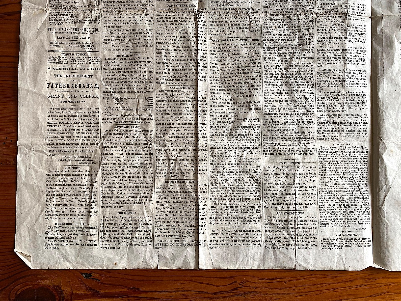 Father Abraham Lincoln 1869 Lancaster PA Political Campaign Newspaper U.S. Grant