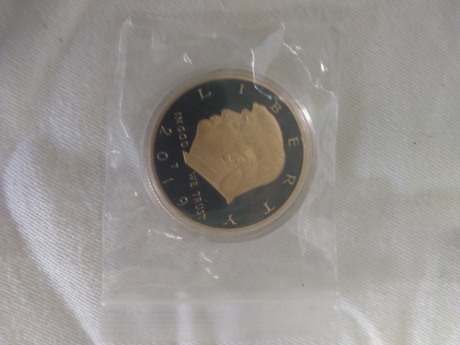TWO Donald Trump Liberty 2019 Gold/Blue Coin. In God We Trust. Seal of Us