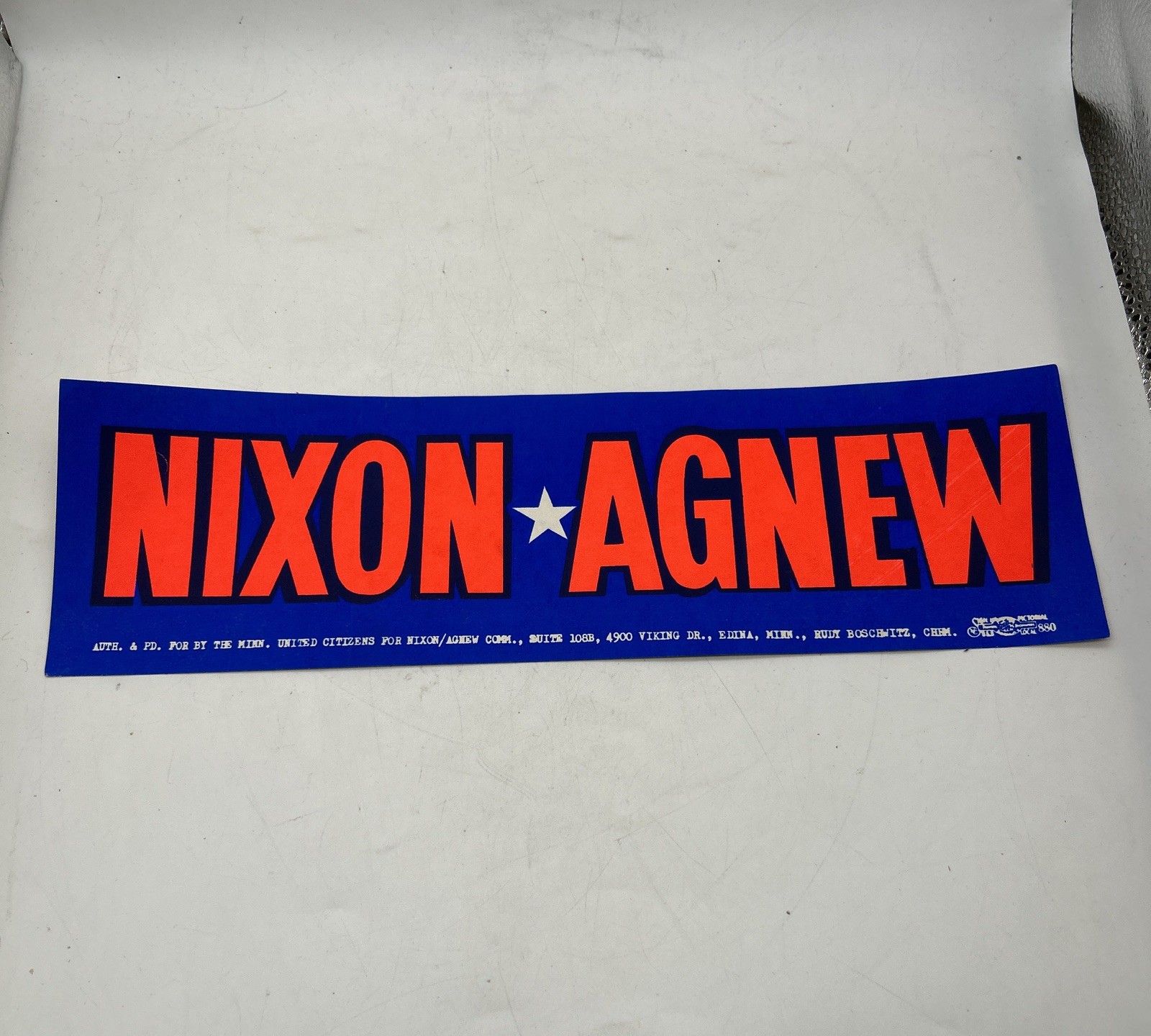 Vintage 1968 NIXON AGNEW BUMPER STICKER 13×3.75” Edina Minnesota