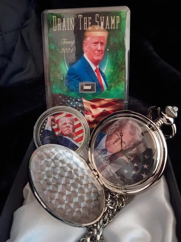 Custom Trump Presidential Pocket Watch, FIGHT! Half Dollar, MAGA Silver Bar Card