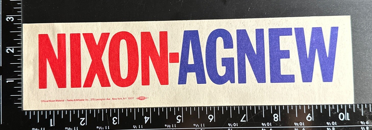 Nixon- Agnew Bumper Sticker 2.75×10.25 Republican President 1968 Original 1840