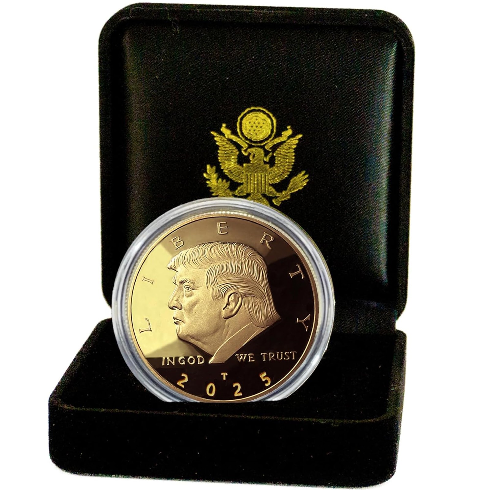 Donald J. Trump Won 2025 Gold Coin in Velvet 38Mm Diameter, Black,
