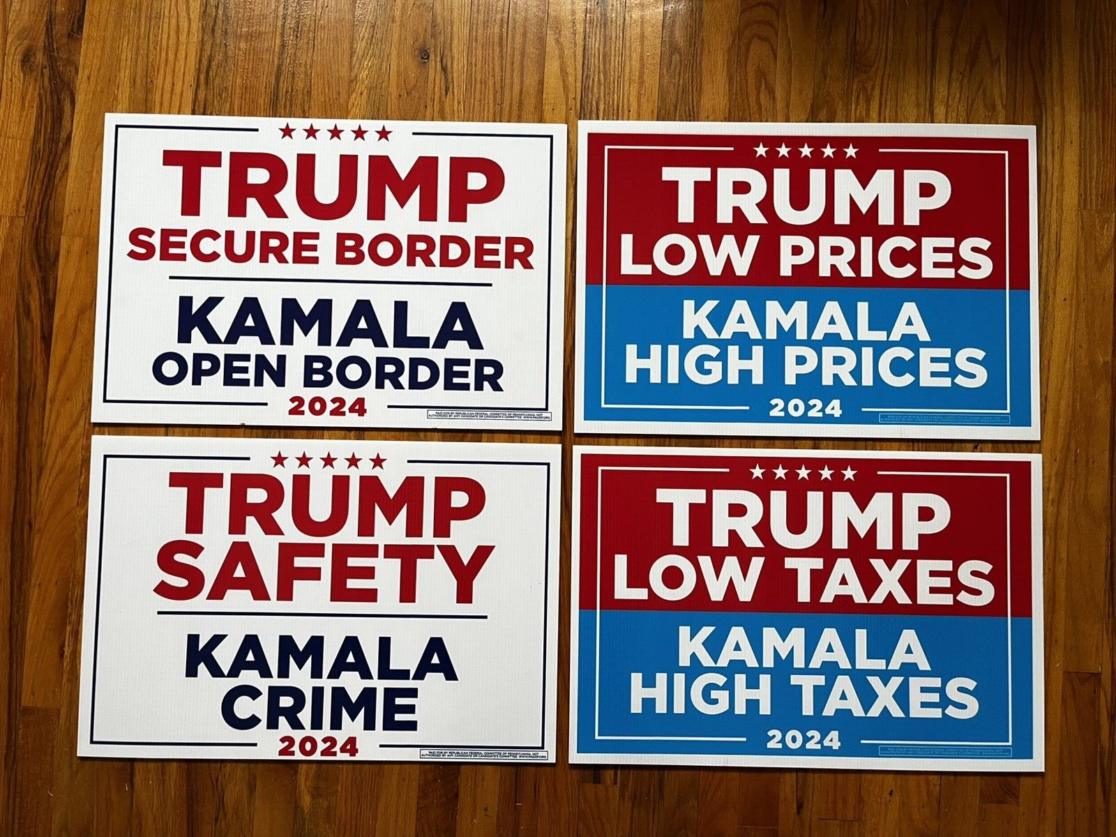 4 Donald Trump Kamala Harris 2024 Double side yard signs Authentic LOT 24″ x 16″