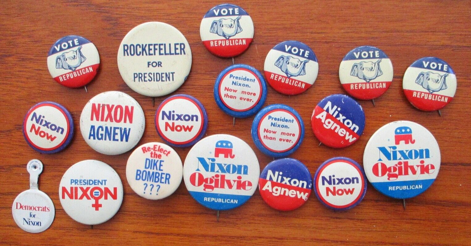 Collection of 1960’s and 70’s political Buttons! Nixon McGovern Ogilvie Adlai