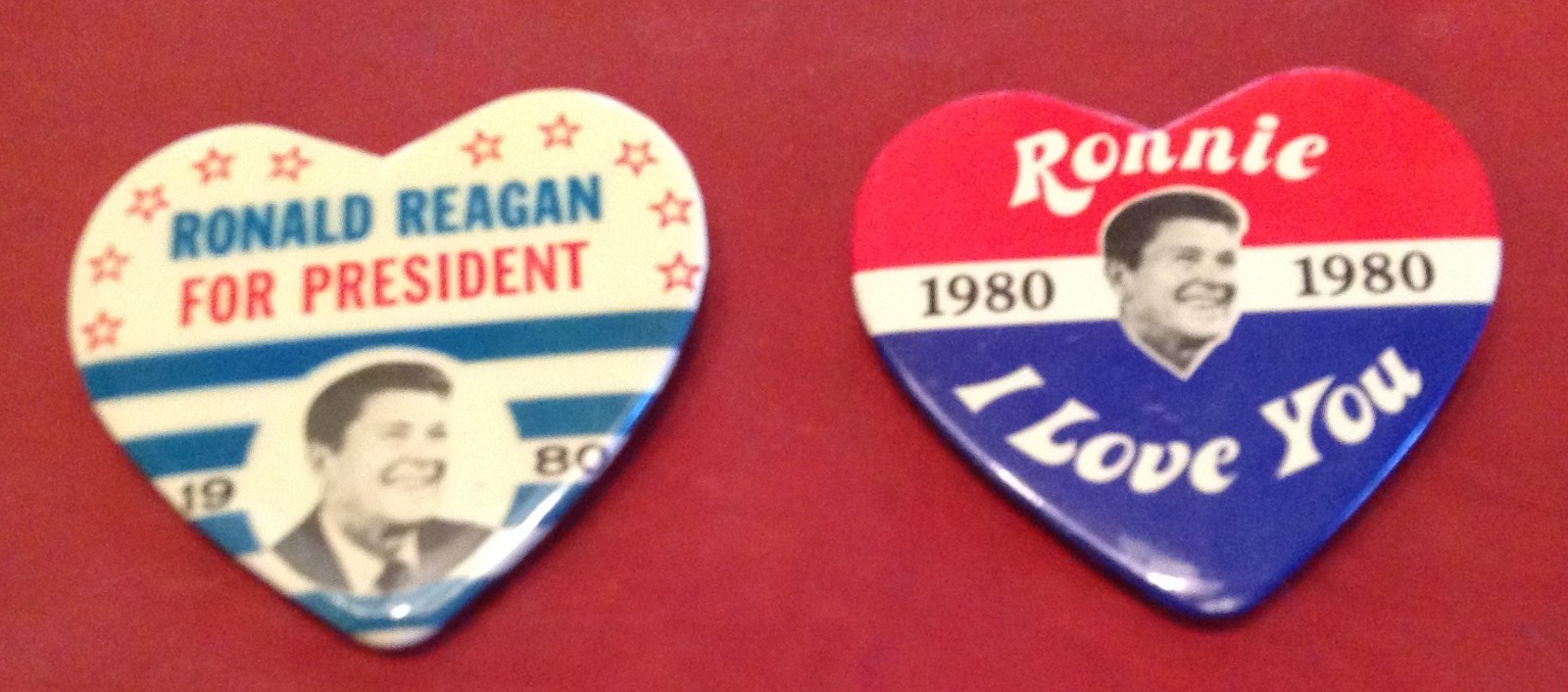 2 Nice Heart Shaped Ronald Reagan 1980 Presidential Campaign Pinback Buttons