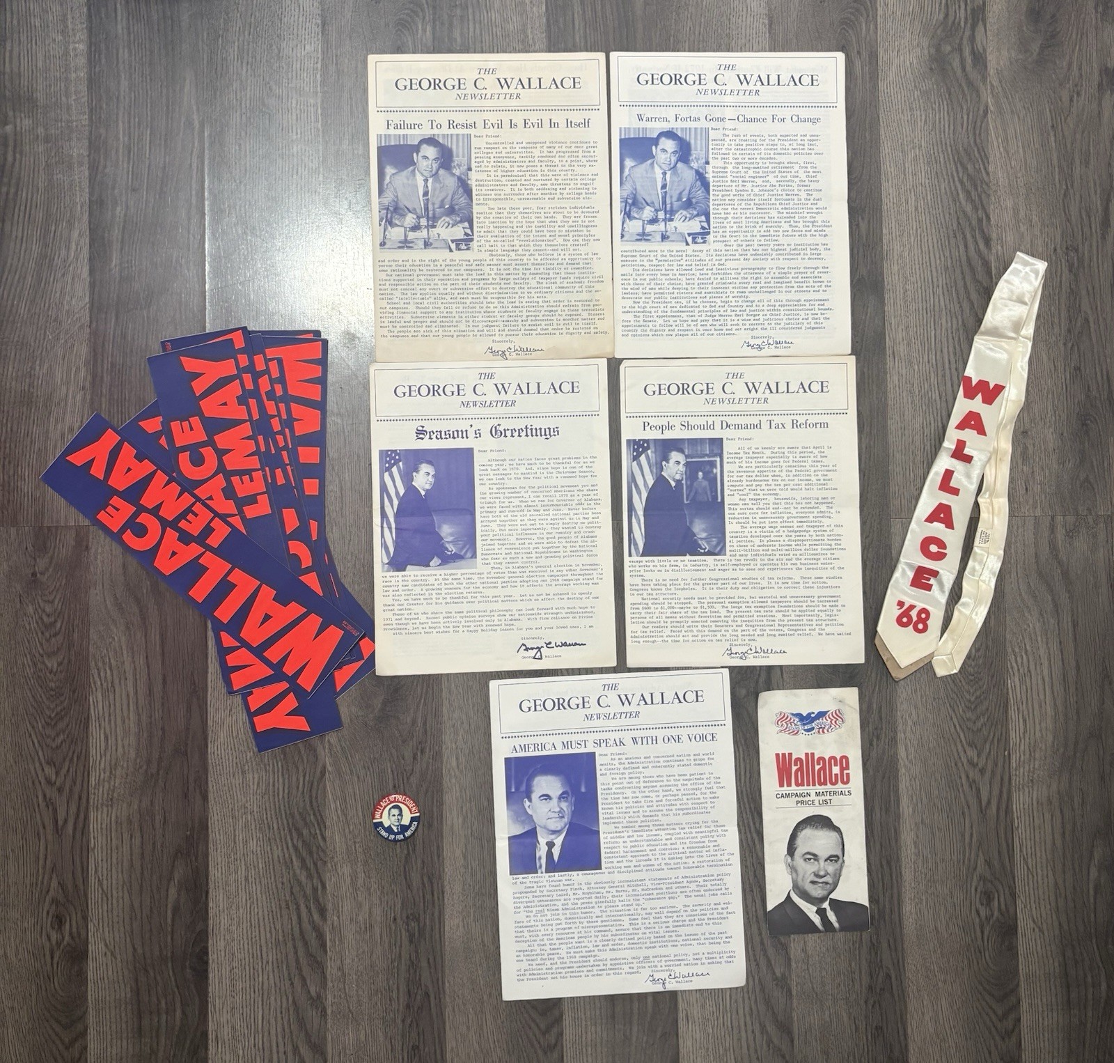 Original 1968 George Wallace Presidential Campaign Lot 12 Signs Tie Literature