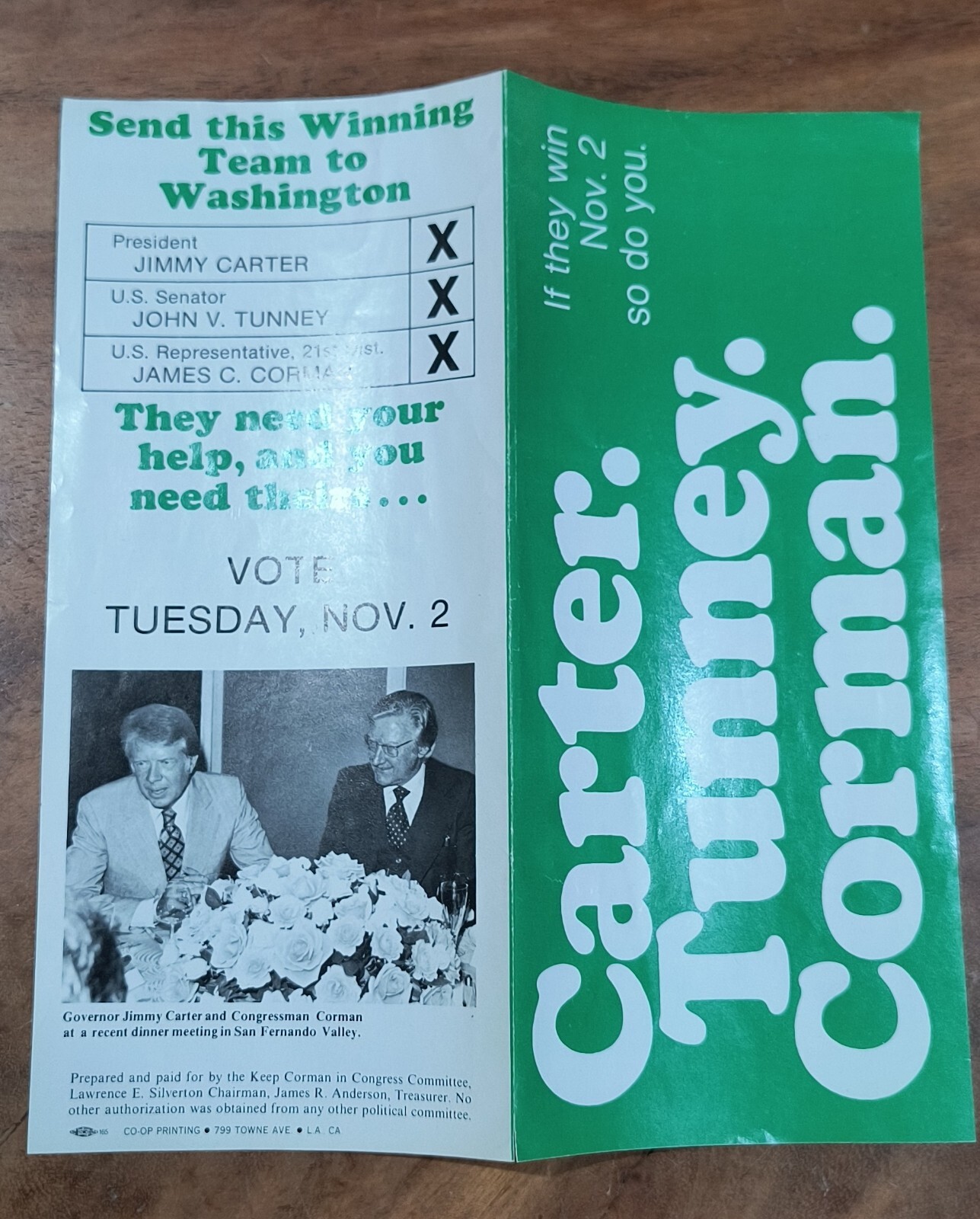 1976 Jimmy Carter for President Brochure John Tunney, James Corman & Door Hanger